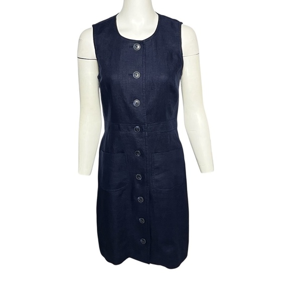 Tory Burch Linen Sheath Dress Size 4 Button Front Navy Blue Sleeveless Pockets - Picture 9 of 9